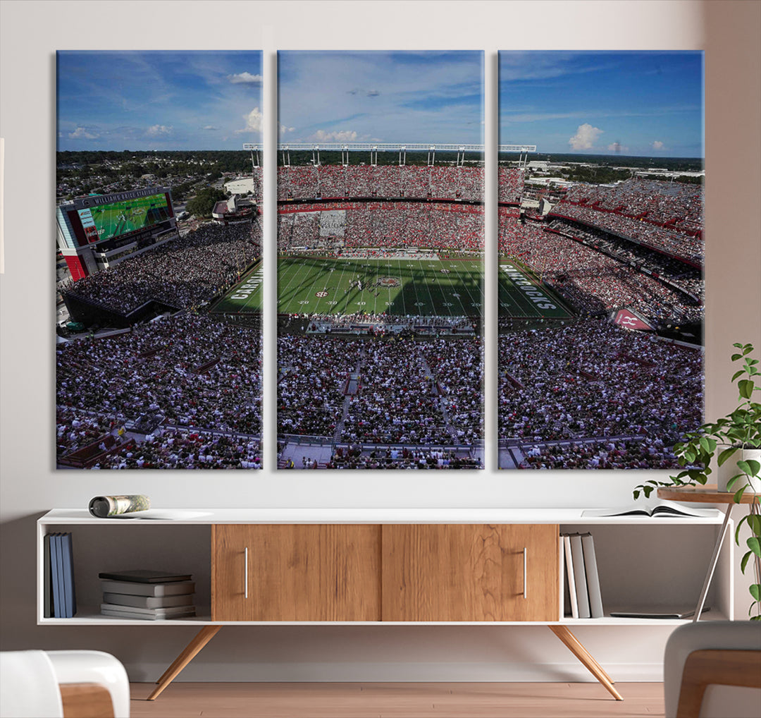 The wall art is a South Carolina Gamecocks print, showcasing Williams-Brice Stadium from a distance under clear skies.