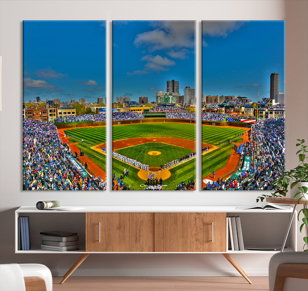 Wrigley Field Chicago Cubs Panoramic 3-Piece Canvas Wall Art - Iconic Baseball Stadium Print for Sports Lovers - Ready to Hang