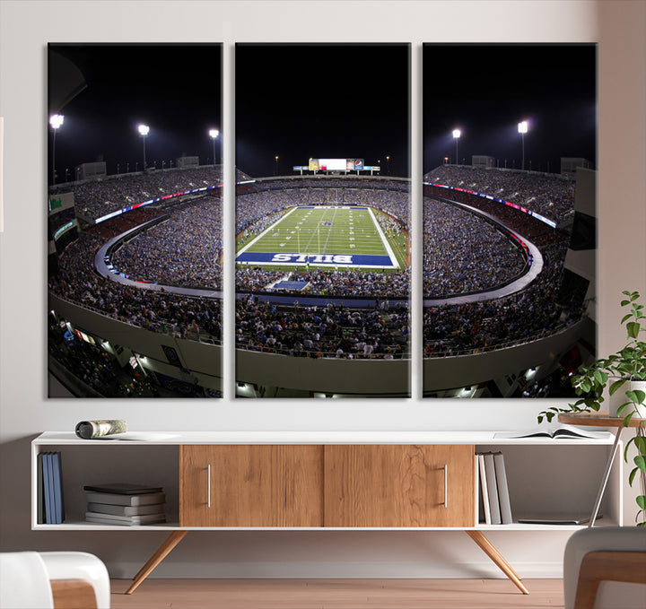 The Buffalo Bills NFL Highmark Stadium at night print captures the bright lights, conveying an exhilarating atmosphere.