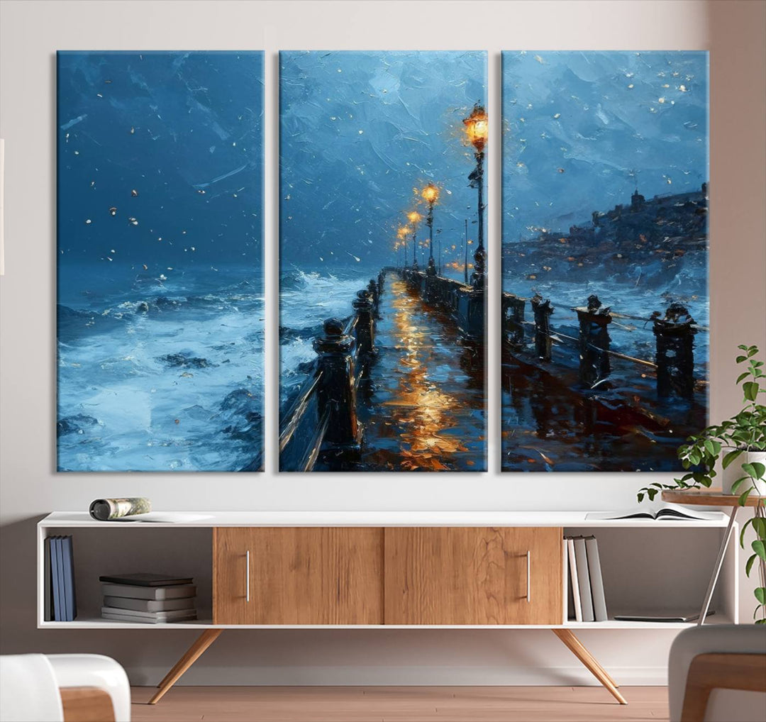 Framed 3-Panel Seaside Night Pier Oil Painting Canvas Wall Art | Ready to Hang Coastal Landscape Art for Modern Living Room, Office, or Bedroom Decor