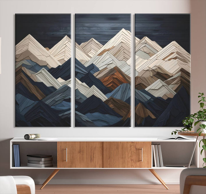 Wood Style Mountain Range Wall Art - Ready to Hang 3-Piece Set for Modern Rustic Decor, Abstract Wooden Design for Living Rooms, Bedrooms & Offices