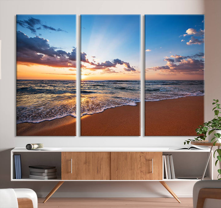 Golden Hour Beach Sunset Wall Art | Canvas Print | Ready to Hang | Coastal Wall Art for Living Room