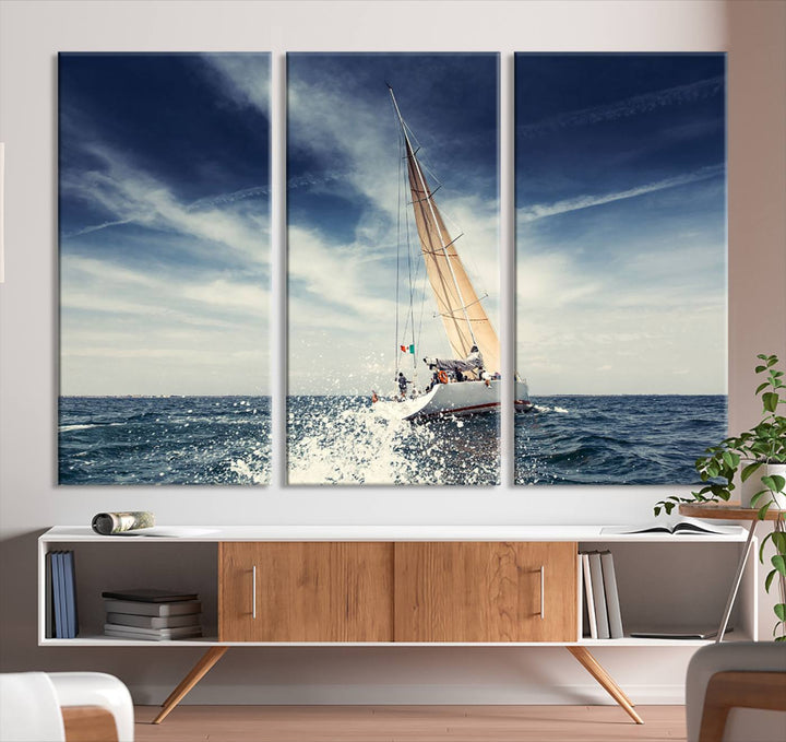 Sailboat Ocean Beach Blue Sky Wall Art Canvas Print