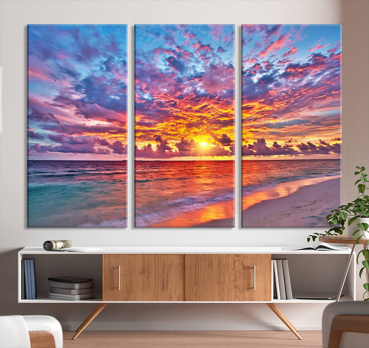 Vibrant Sunset Beach Wall Art | Ocean Sunset Canvas Print | Coastal Wall Art Decor | Ready to Hang | Stunning Sunset Scene for Home or Office Decor