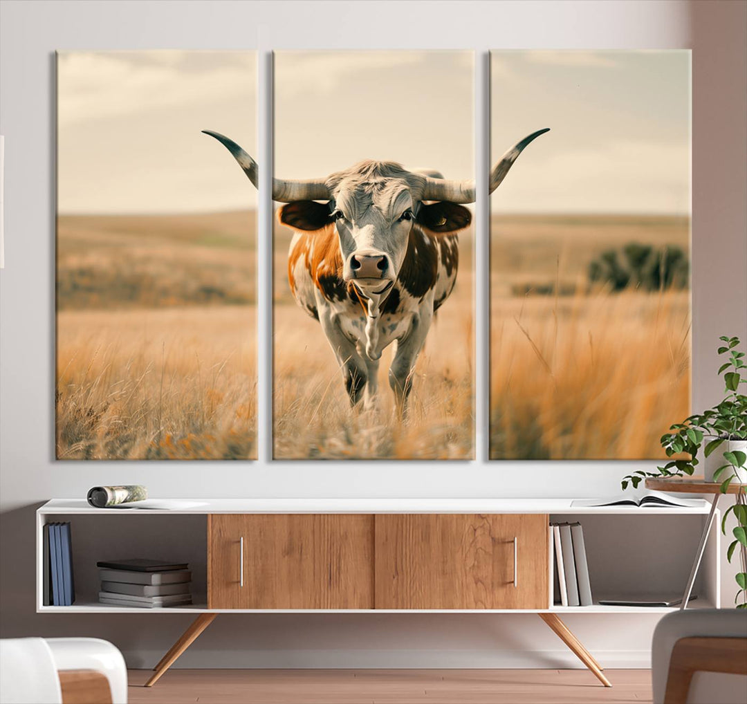 The Texas Cow Longhorn Wall Art Canvas adds rustic charm to the decor.