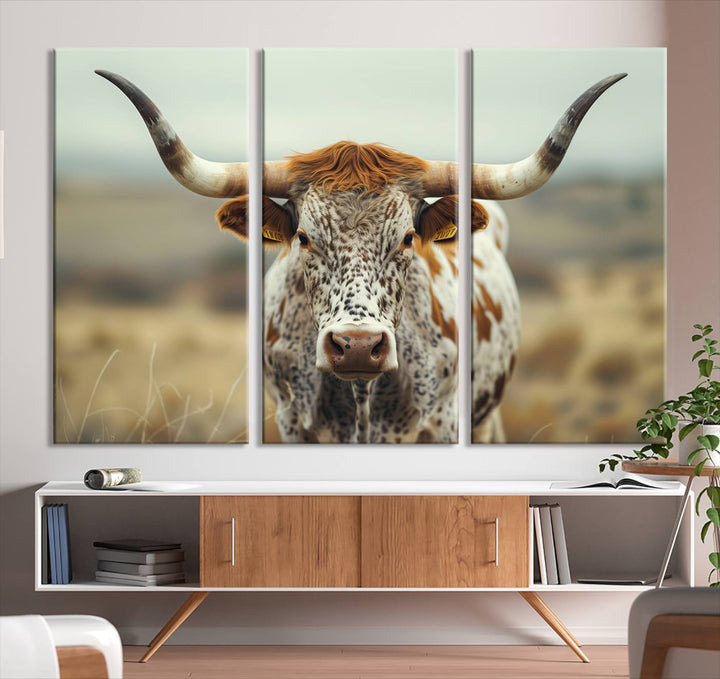 The Texas Cow Longhorn Canvas Print hangs, adding Western elegance.