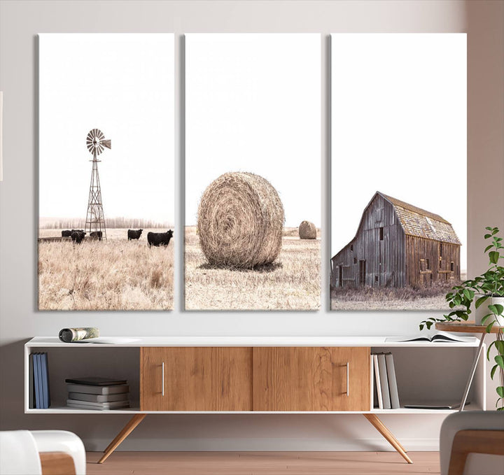 Above the couch, a Rustic Farmhouse Wall Art set depicts a barn and wheat field.