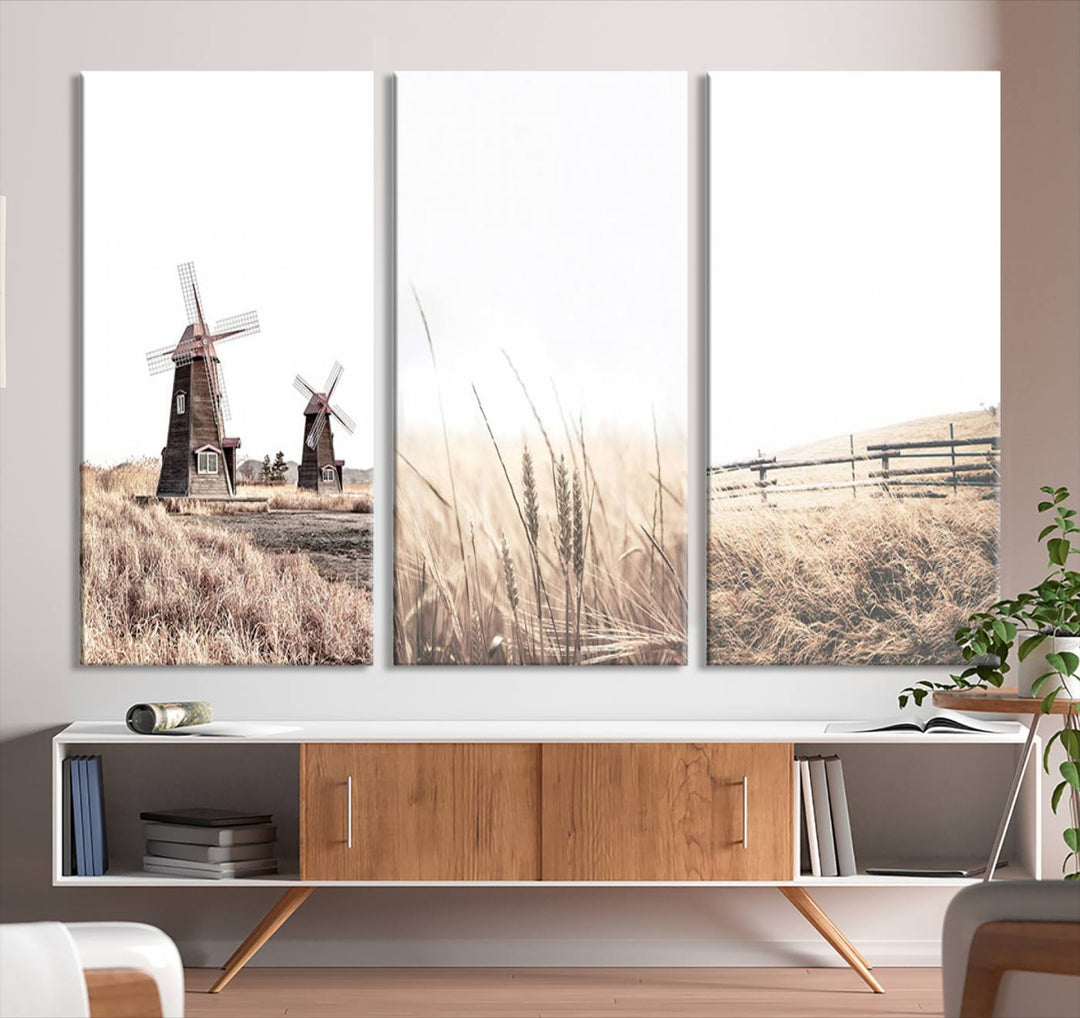 Farmhouse wall art set: 3 giclee canvas prints featuring windmills and wheat fields.