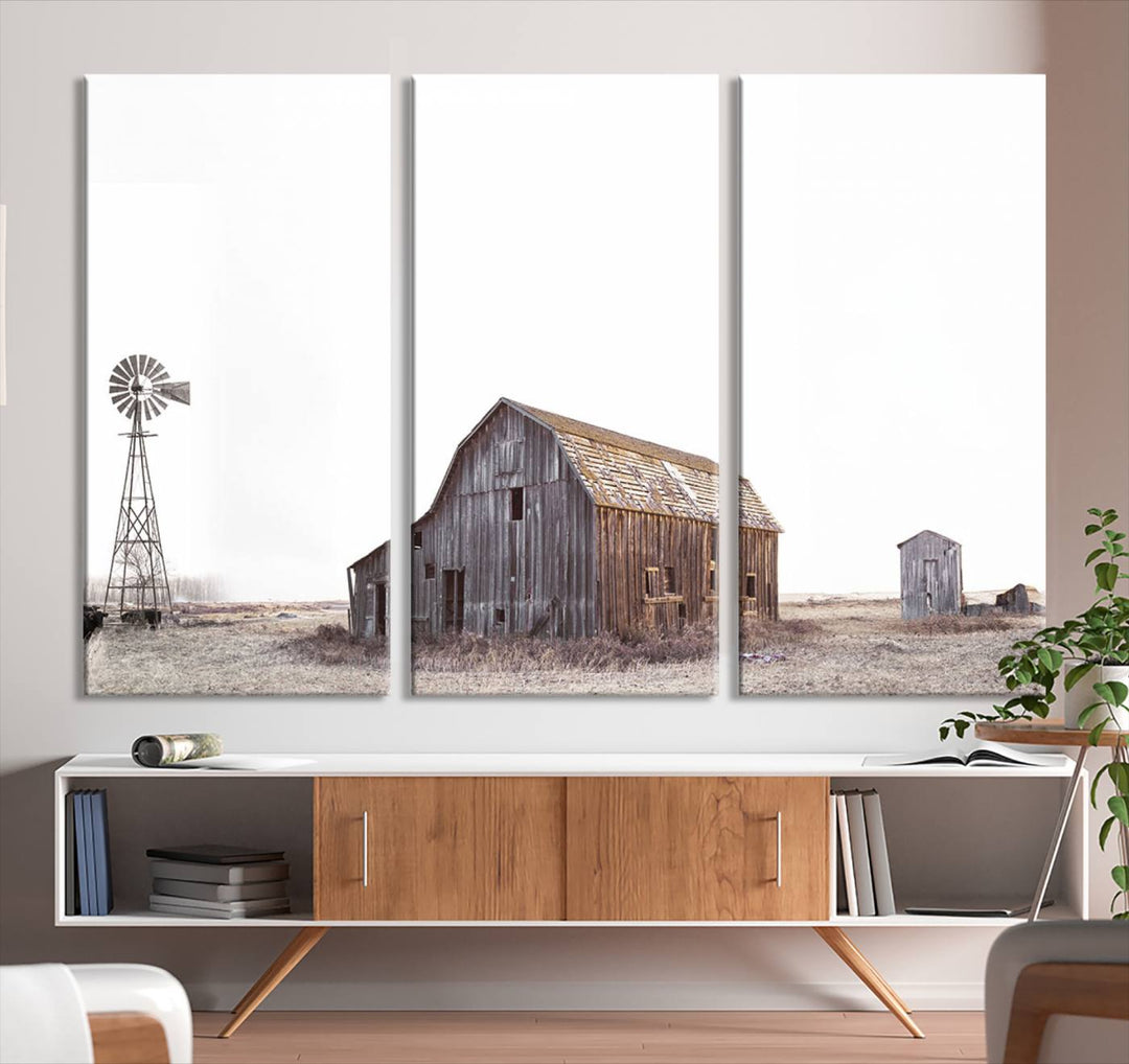 The Set of 3 Rustic Farmhouse Wall Art Prints features a barn, wheat field, and landscape.