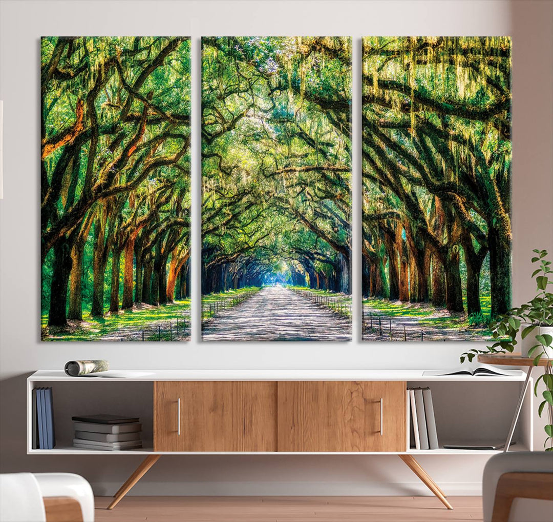 Serene Tree Tunnel Wall Art Canvas Print – Pathway Under Canopy of Lush Green Trees, Nature-Inspired Decor for Living Room – Ready to Hang