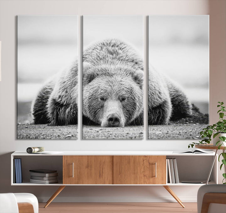 Resting Bear Wall Art Canvas Print – Majestic Lazy Black and White Wildlife Bear Art, Perfect for Nature-Inspired Home Decor – Ready to Hang