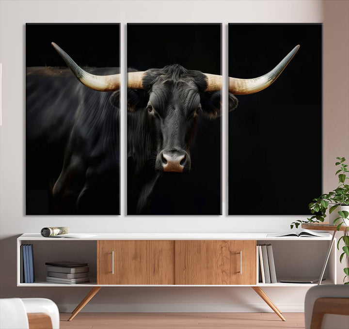 Texas Longhorn Cow | Majestic Black Bull Wall Art Canvas Print - Farmhouse Animal Decor - Ready to Hang