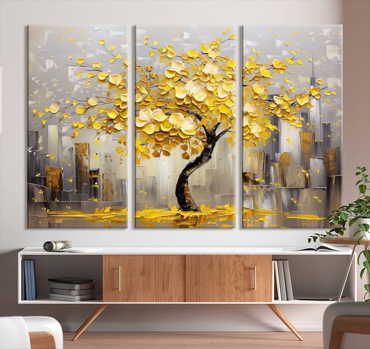 A framed canvas print from the "Golden Tree Canvas Print | Abstract Wall Art for Modern Homes | Ready to Hang Framed Artwork" collection hangs elegantly against the dark wall, epitomizing exquisite abstract wall art.