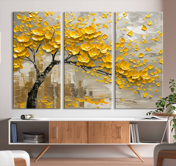 The living room showcases a Yellow Blossom Tree Canvas Wall Art, modern and floral.