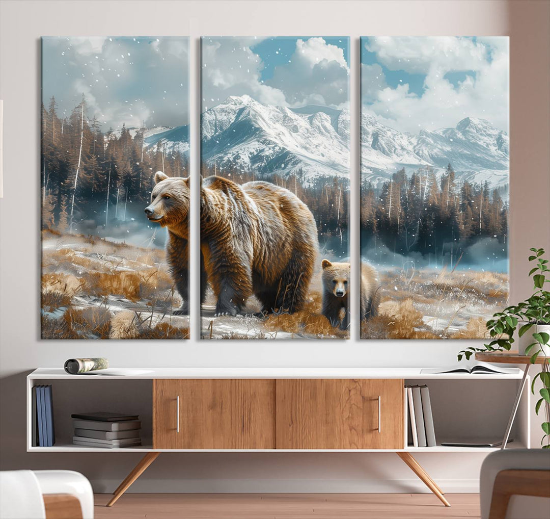 The modern living room features a Bear and Baby Bear Wall Art Canvas Print depicting a snowy mountain landscape, making it a stunning visual piece and a meaningful gift idea.