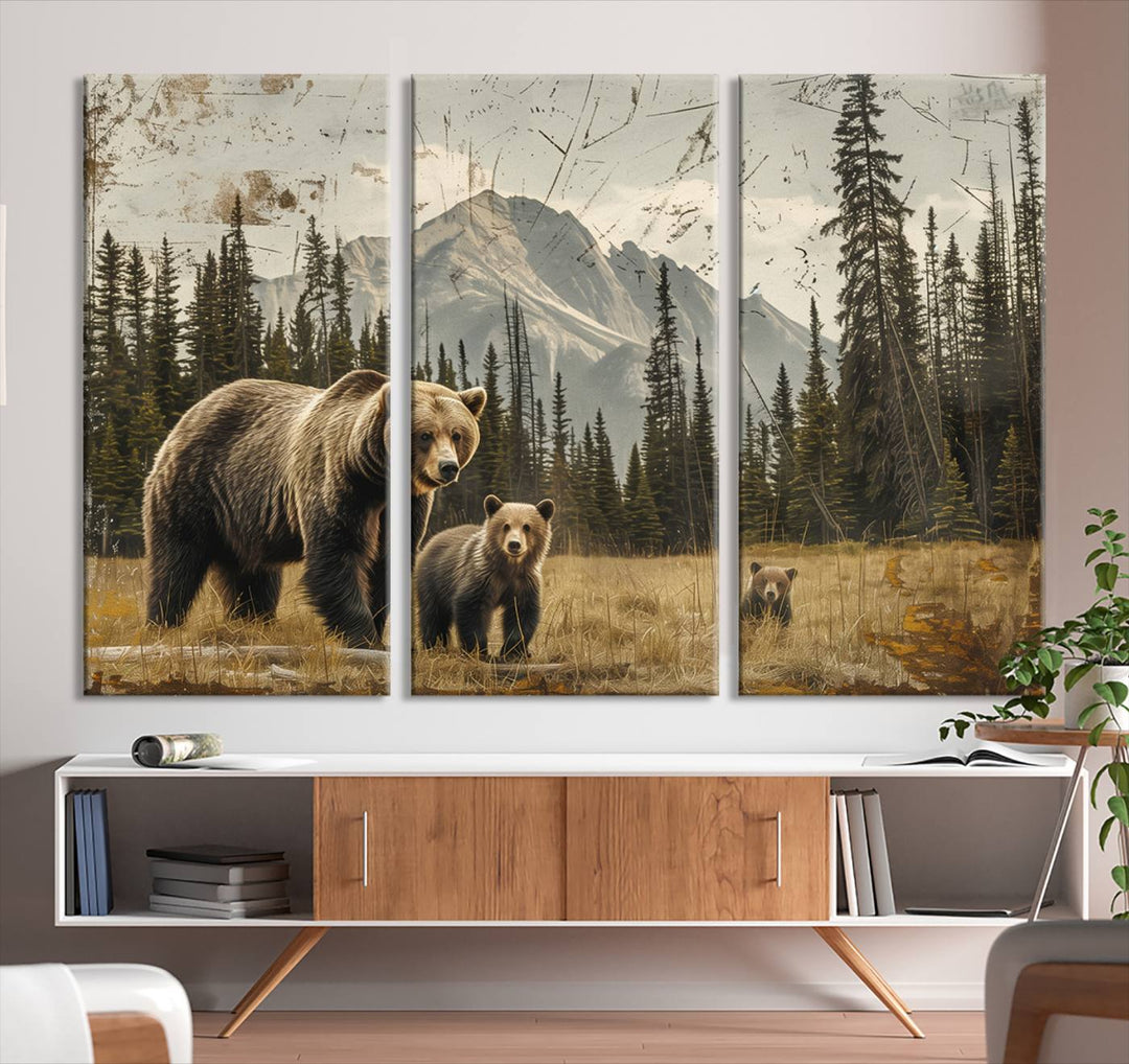 Rustic Grizzly 399: Bear Family Wall Art Canvas Print.