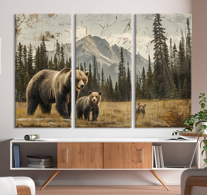 Displaying the Rustic Grizzly 399 Bear Family Wall Art Canvas Print in a modern living space adds remarkable charm. This triptych piece showcases a bear family in the forest, printed on museum-quality canvas and ready to hang, seamlessly enhancing your decor with its striking detail and elegance.