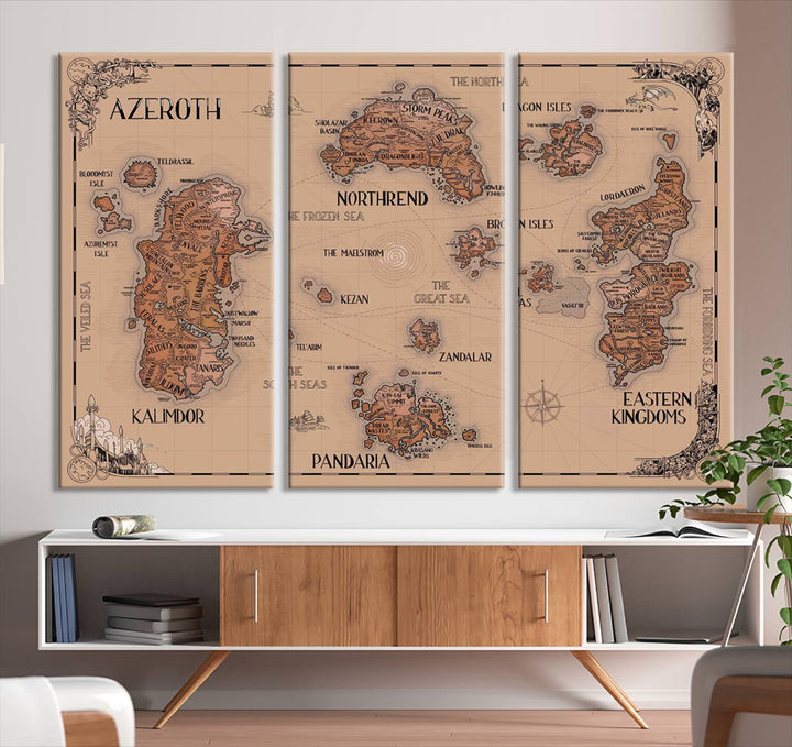 The Vintage Azeroth World Map Canvas Print, a stunning three-piece set, enhances the space with its vintage charm, perfectly complementing your gaming decor.