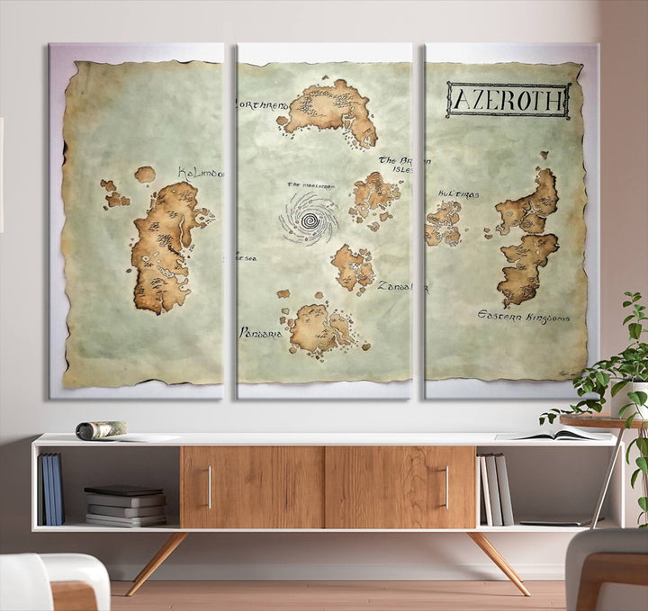 The Azeroth World Map Wall Art Canvas Print, a three-panel vintage piece, brings a cozy fantasy gaming atmosphere to the room.