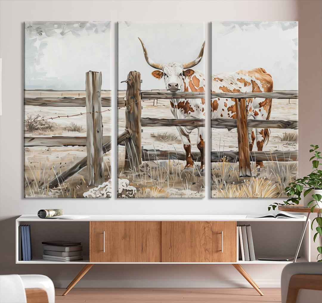 The Abstract Longhorn Cow Wall Art, a ready-to-hang framed canvas print, adds rustic charm and perfectly captures the essence of rural elegance.