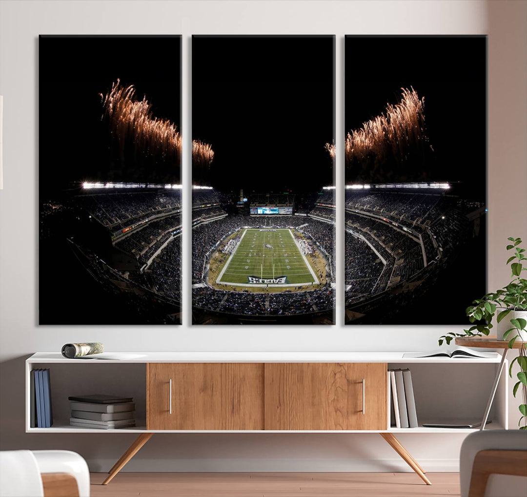 A stunning triptych wall art featuring the Philadelphia Eagles Football Team Print, capturing Lincoln Financial Field with spectacular fireworks.