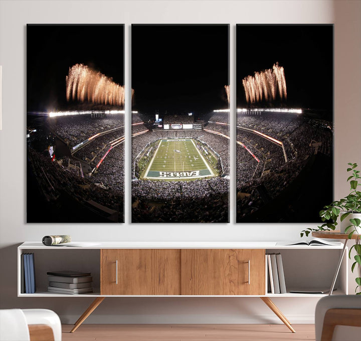 Experience the breathtaking Lincoln Financial Field Fireworks Game captured in this triple canvas wall art. A must-have for any Philadelphia Eagles fan!