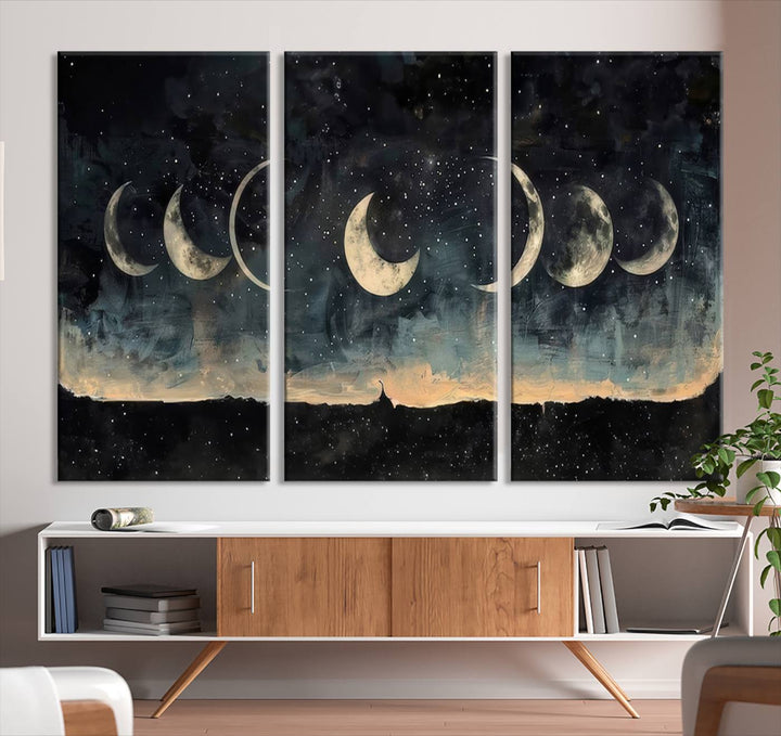 The "Phases of the Moon Wall Art," a framed canvas series capturing the celestial beauty of lunar cycles against a starry night, adds an elegant touch to the contemporary dining room.