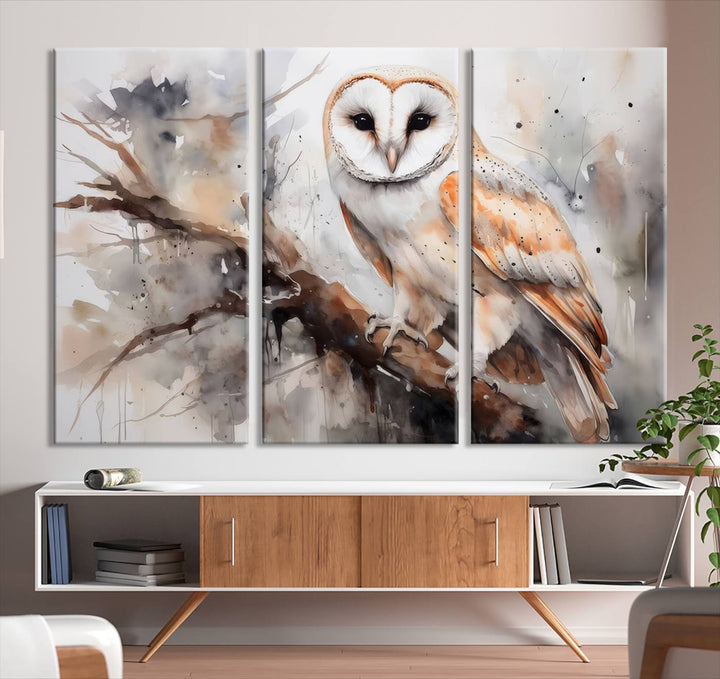 The Barn Owl Wall Art watercolor canvas adds a rustic twist to farmhouse decor.