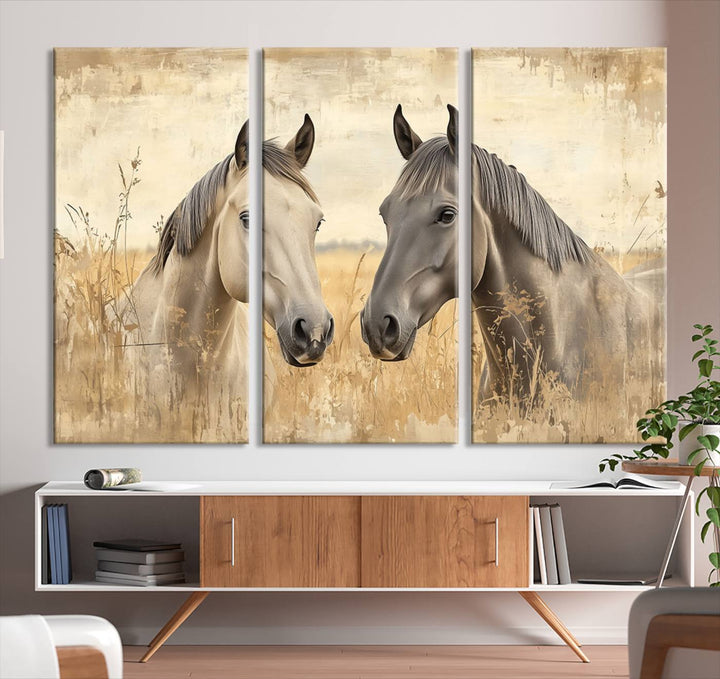 The "Chinese Ink Style Grunge Horses Wall Art Canvas Print," featuring two horses in a field, hangs prominently, highlighting its museum-quality canvas and high-resolution printing.