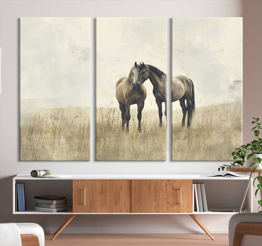 The Chinese Style Grunge Horses Wall Art Canvas Print, featuring a three-panel design of two horses in a misty field, is crafted on museum-quality canvas using high-resolution printing and hangs elegantly.