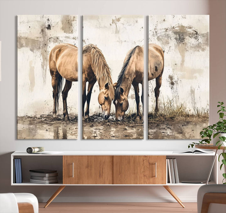 The Vintage Horses Wall Art, a ready-to-hang and framed triptych, beautifully captures two horses gracefully grazing. It perfectly complements the rustic charm of western farmhouse wall decor.