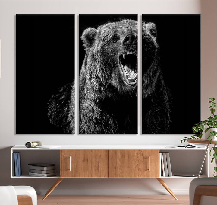 A striking Bear Canvas Print, perfect for cabin decor and ready to hang, is displayed in the modern living room, adding a touch of wildlife art to the sleek design.