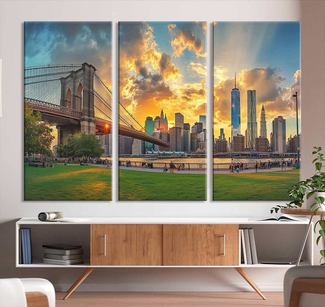 The "Brooklyn Bridge New York Skyline Wall Art" is a ready-to-hang framed canvas print that beautifully captures the cityscape at sunset, showcasing the iconic Brooklyn Bridge and majestic skyscrapers.