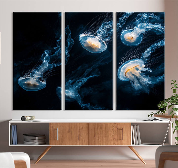 The "Jellyfish Wall Art Canvas Print," featuring a sea-themed design of glowing jellyfish, is displayed in high-resolution on museum-quality canvas.