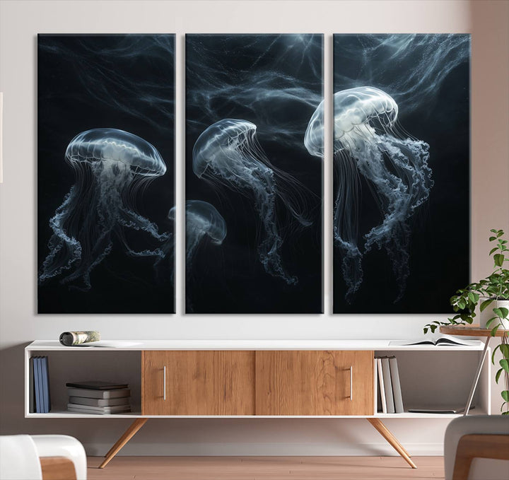 The Jellyfish Wall Art Canvas Print features glowing jellyfish in vibrant colors on museum-quality canvas.