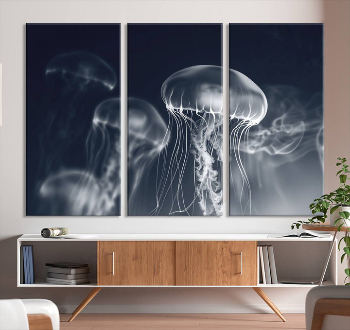 A stunning Jellyfish Wall Art Canvas Print showcases museum-quality canvas through high-resolution printing.