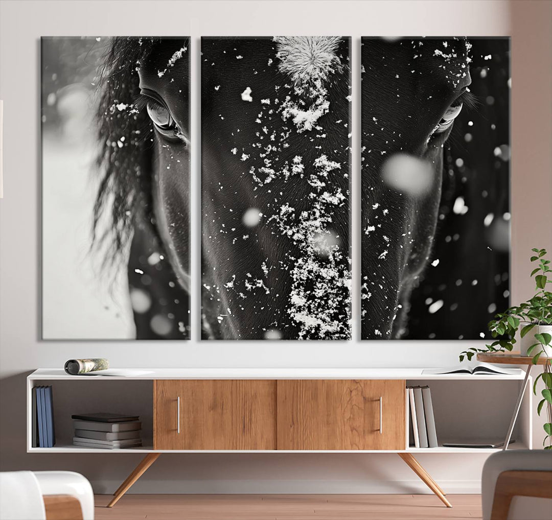 The Winter Horse Snow Wall Art Canvas Print, a black and white triptych showcasing a snow-covered horse's face, infuses the space with rustic cabin decor.