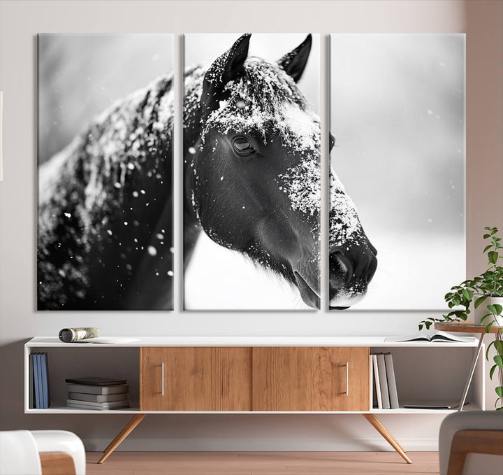 A set of Winter Horse Snow Wall Art Canvas Prints hangs, creating the perfect touch of Rustic Cabin Decor.