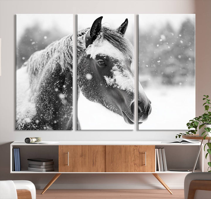 The Black Horse Winter Wall Art, framed and ready to hang, is beautifully displayed as farmhouse and western wall decor.