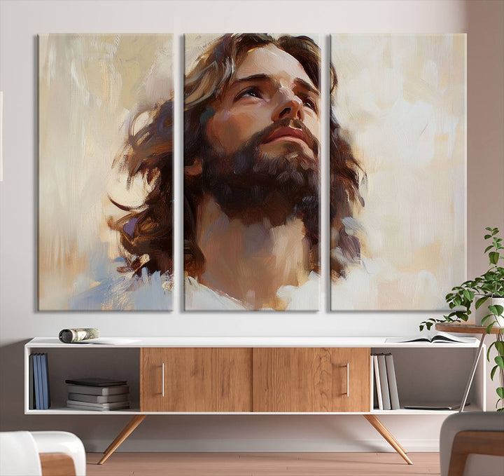 The "Jesus Christ Portrait Wall Art," a ready-to-hang and framed canvas print, features a bearded man with long hair looking upward, creating an inspirational spiritual atmosphere.