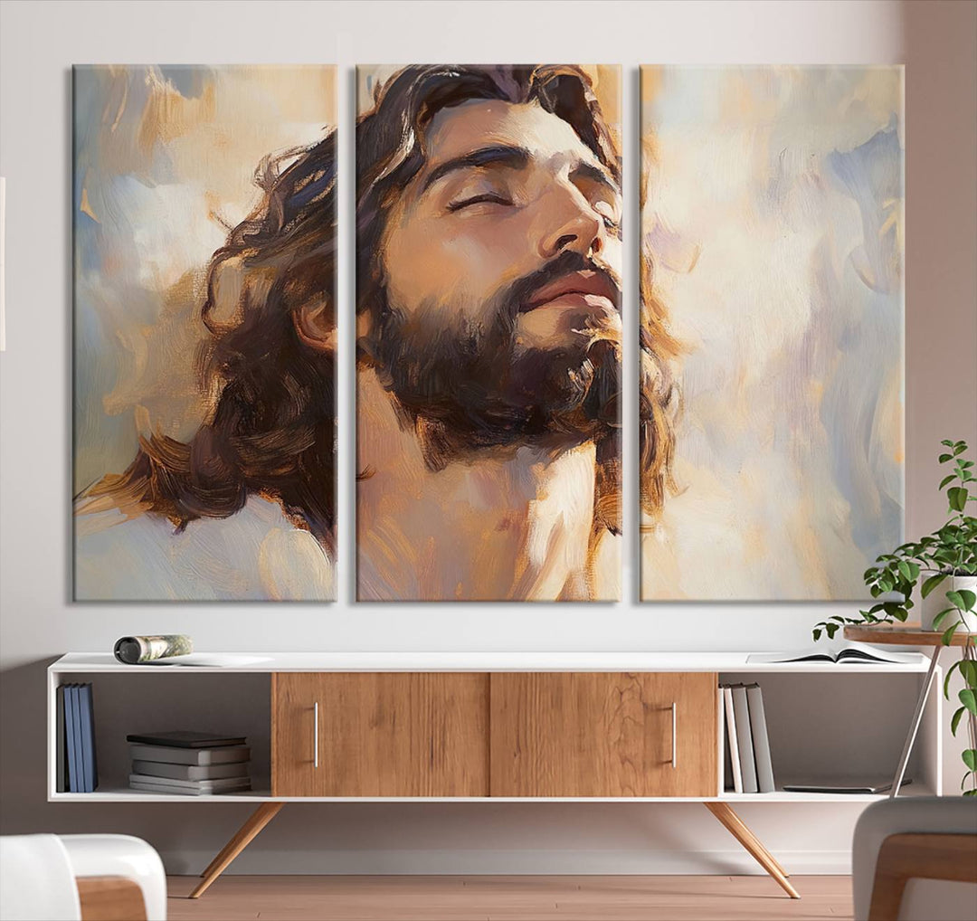 This museum-quality canvas print, titled "Jesus Portrait," features an oil painting style depiction of Jesus Christ with a closed-eyed expression. The high-resolution printing captures every detail beautifully.