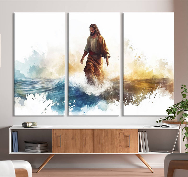 Watercolor Jesus Walking on Water Canvas Print, Christian Wall Art, Jesus Christ Walking