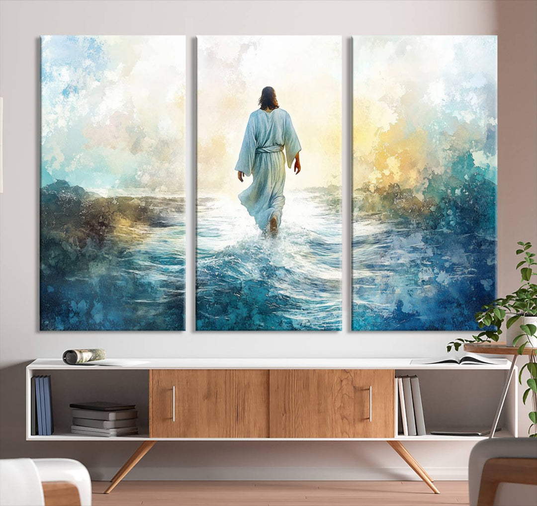 Watercolor Jesus Walking on Water Canvas Print, Christian Wall Art, Jesus Christ Walking