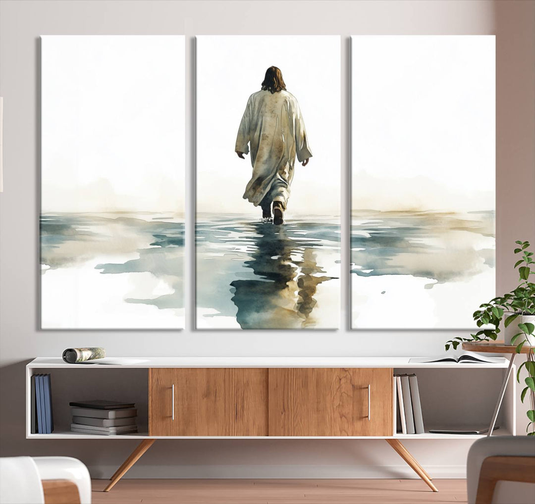 The "Watercolor Jesus Walking on Water Canvas Print" is a breathtaking piece of religious home decor that captures Jesus walking on water in beautiful detail. This Christian wall art hangs gracefully, showcasing its artistic beauty.