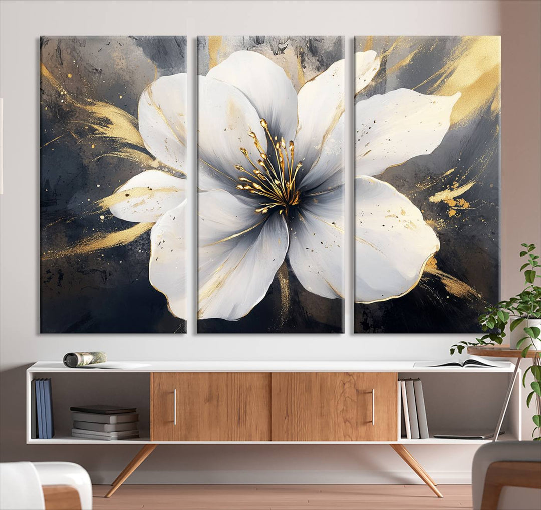 White Flower Wall Art | Canvas Print | Ready to Hang | Abstract Floral Wall Decor | Elegant Bloom Artwork | Framed for Living Room or Bedroom