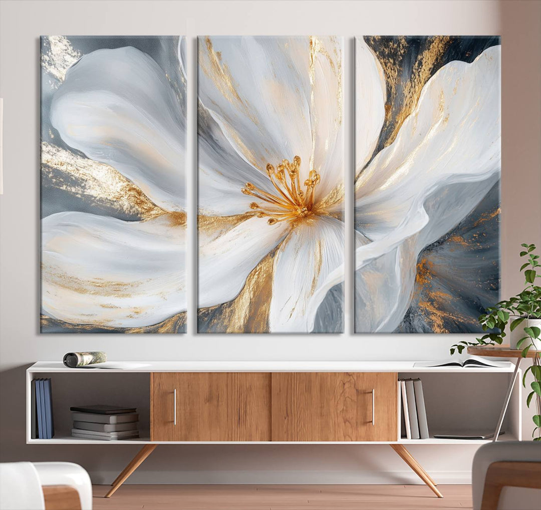 White and Gold Floral Canvas Wall Art - Framed and Ready to Hang - Perfect for Modern Living Rooms