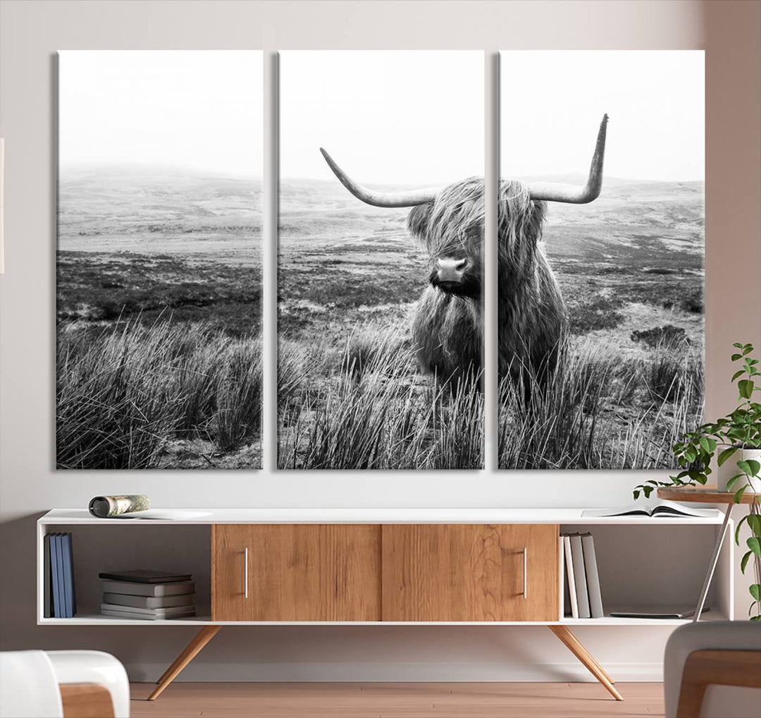 Scottish Highland Cow Wall Art | Black and White Canvas Print | Ready to Hang and Framed | Rustic Farmhouse Wall Decor for Living Room or Office