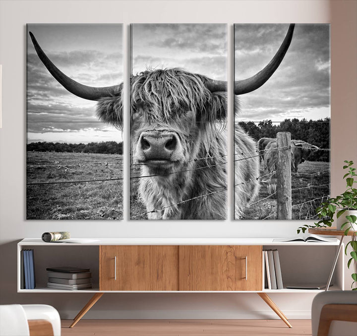 Scottish Highland Cow Wall Art Canvas Print | Ready to Hang and Framed | Rustic Farmhouse Decor