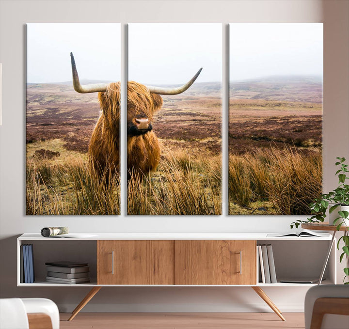 Scottish Highland Cow Wall Art Canvas Print | Ready to Hang and Framed | Rustic Farmhouse Decor for Living Room or Cabin