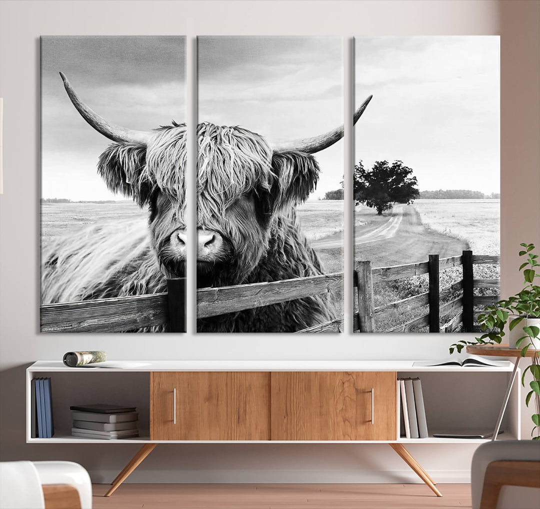 Scottish Highland Cow Wall Art | Rustic Farmhouse Décor | Black and White Ready to Hang Canvas Print